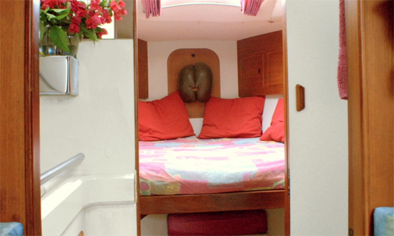 Guests' cabin, double berth with inset or separated, private hatch, multiple storage cabinets