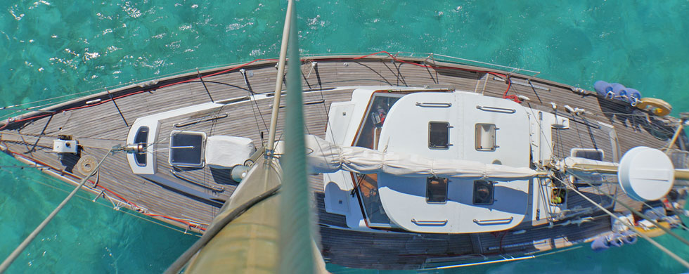 Ansicht der Yacht vom Masttop aus (1)  —  Plan der Innenauslegung der Yacht (2)